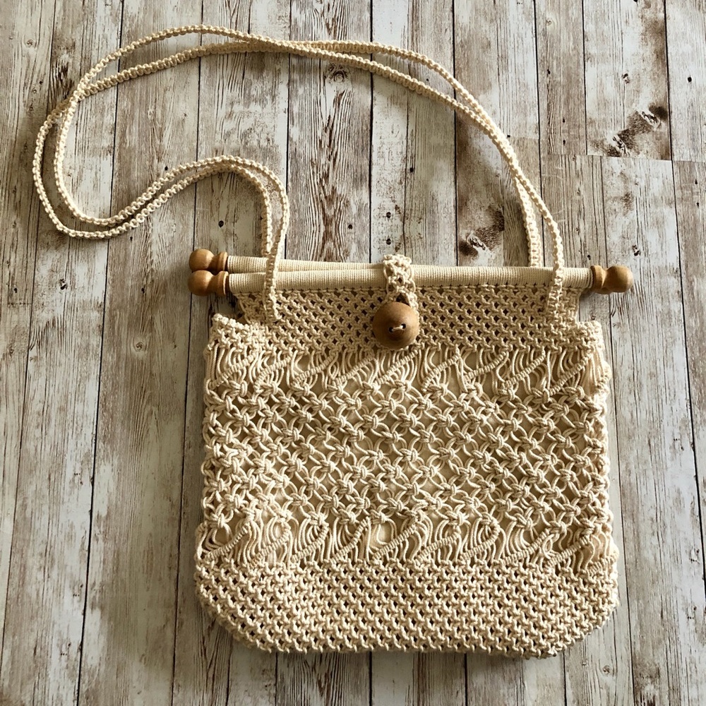 Vintage Boho Macrame Purse With Wood Accents